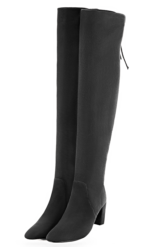 Dark grey women's leather thigh-high boots. Round toe. Medium block heels. Made to measure. Front view - Florence KOOIJMAN
